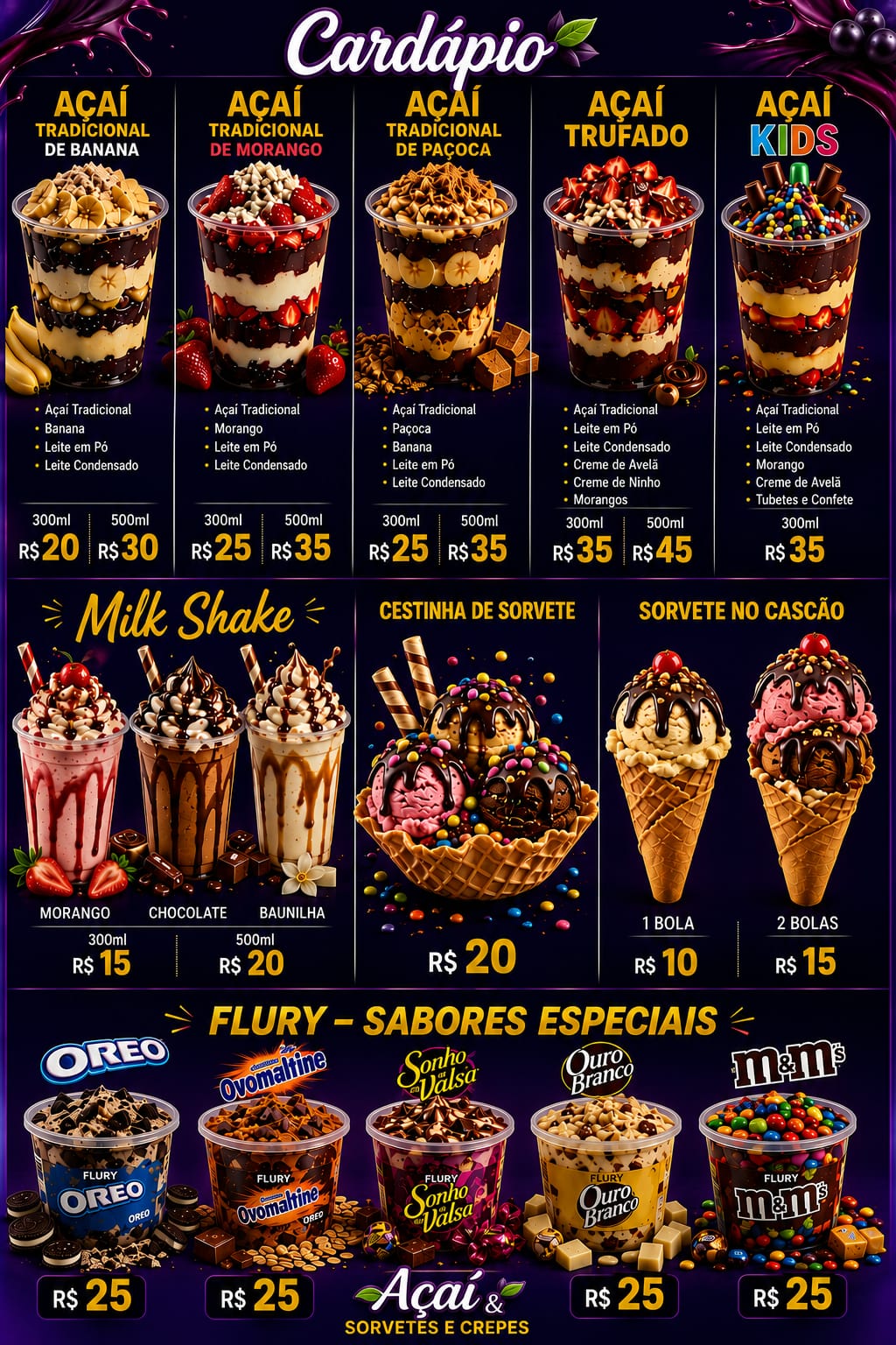 Cardápio de açaí, milk-shakes, cestinha, cascão e Flury