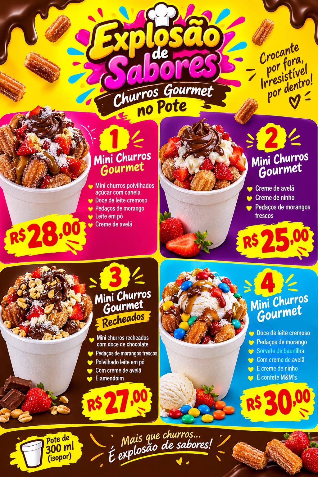 Cardápio de mini churros gourmet no pote, com quatro opções