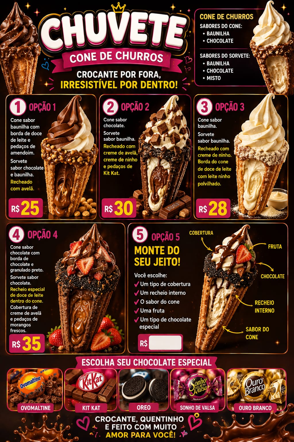 Cardápio de chuvete, sorvete no cone de churros
