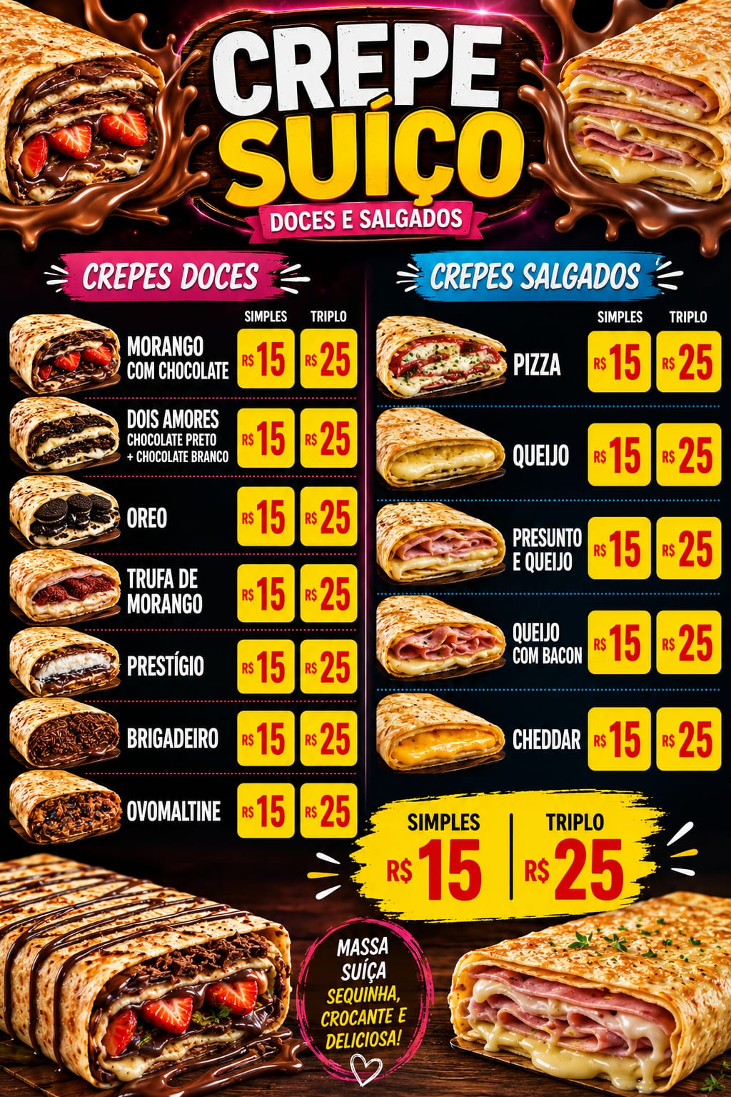 Cardápio de crepes suíços doces e salgados, simples e triplos